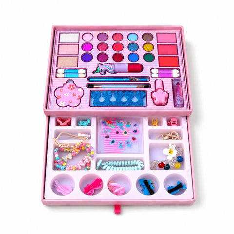 Pink 2-in-1 kids beauty makeup and accessory kit with pull-out organizer